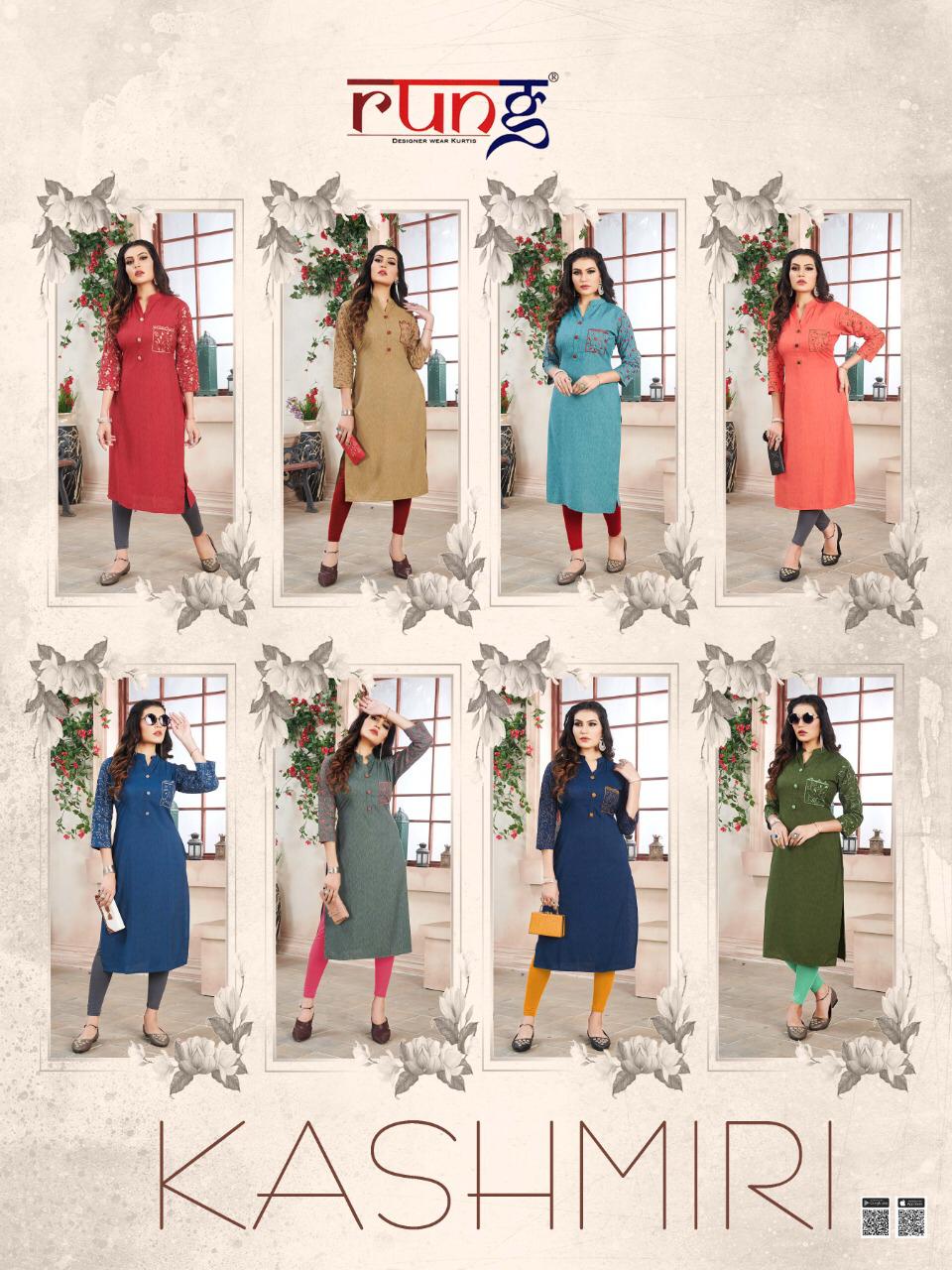 RUNG KASHMIRI Latest Fancy Regular Wear Heavy Luxuriya Rayon  With Manual Embroidery work Kurtis Collection